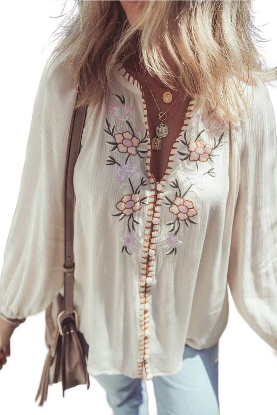 NEW 1 THE WOMAN earthsong floral embroidery blouse in beige